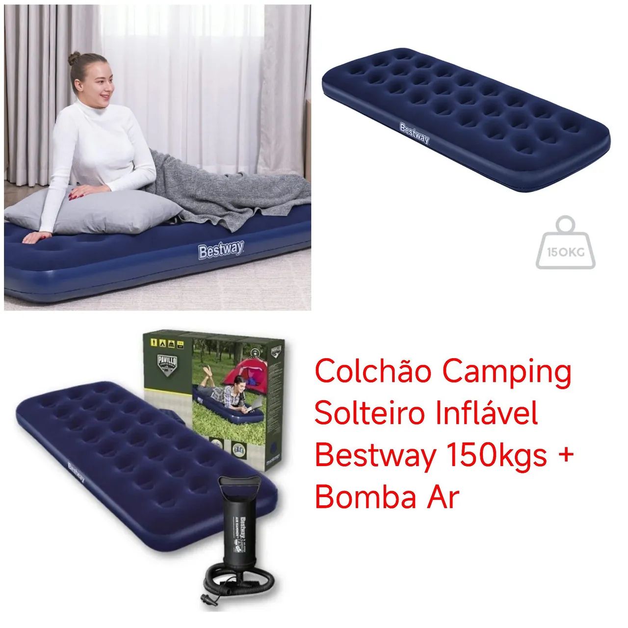 Colchão Camping Solteiro Inflável Bestway 150kgs + Bomba Ar