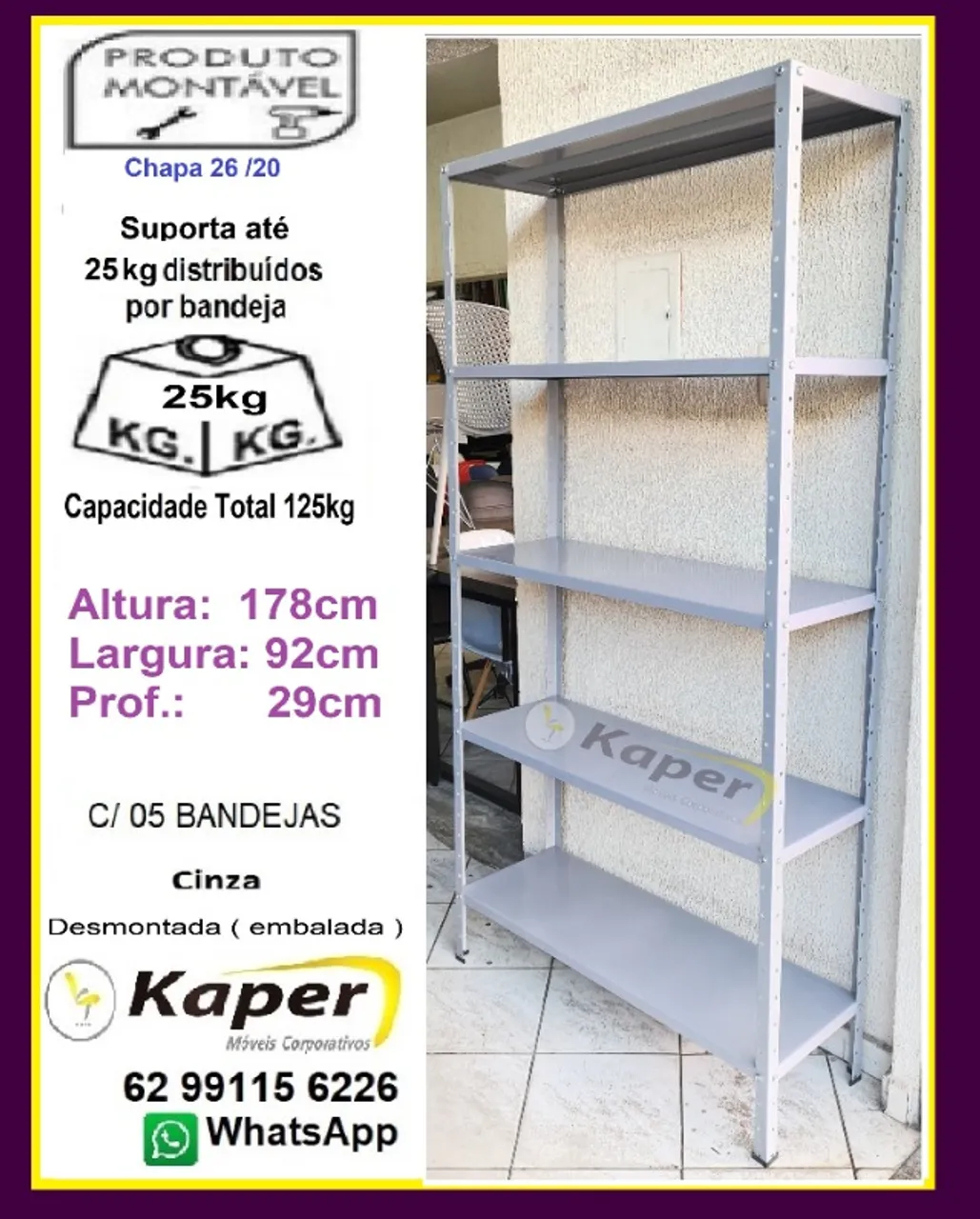 Estante de Aço cinza c/ reforço P-29 ( nova ) Organize com Facilidade - Promoção