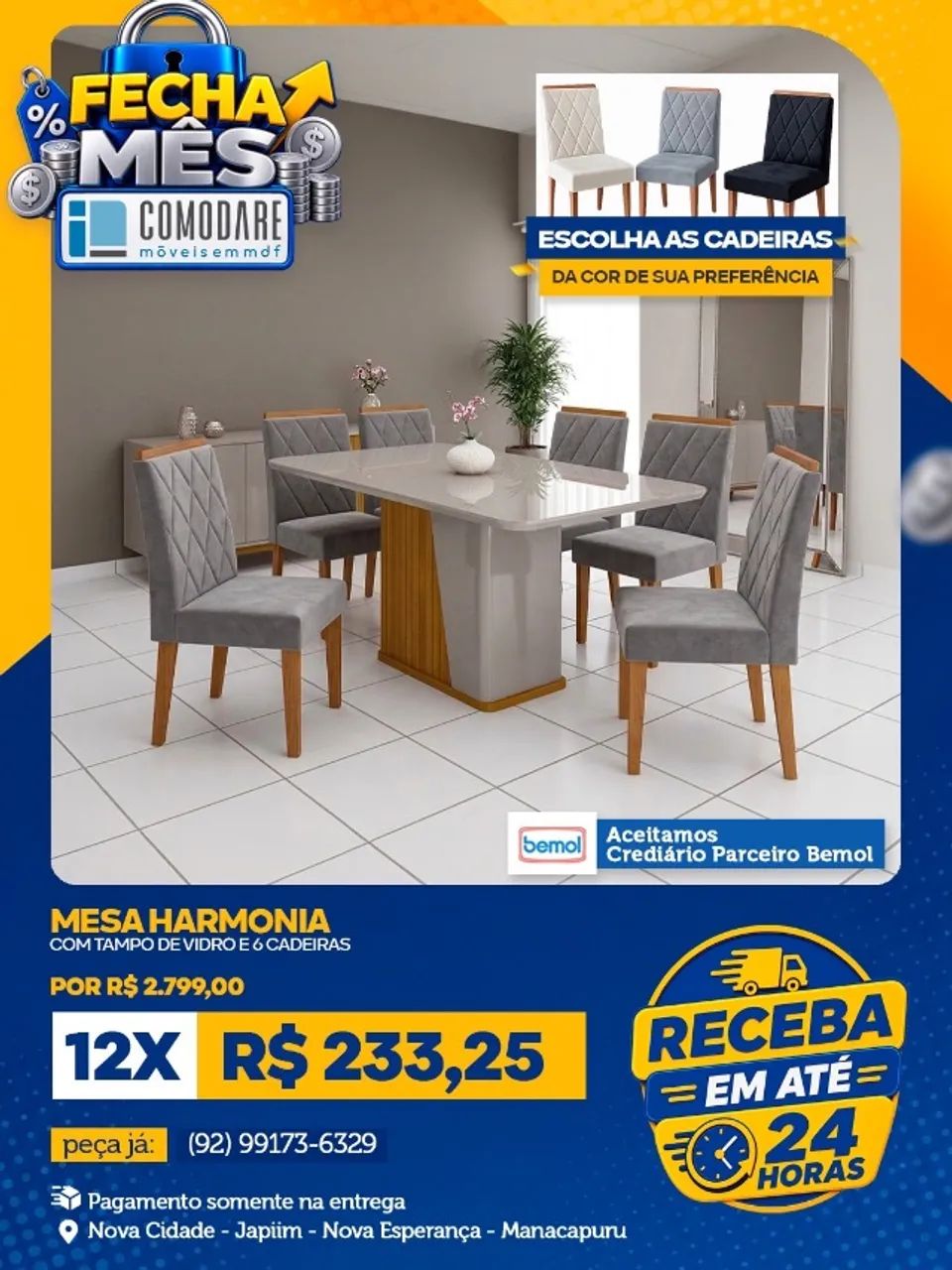 Mesa Harmonia com Tampo de Vidro e 6 Cadeiras - R$ 2.799,00