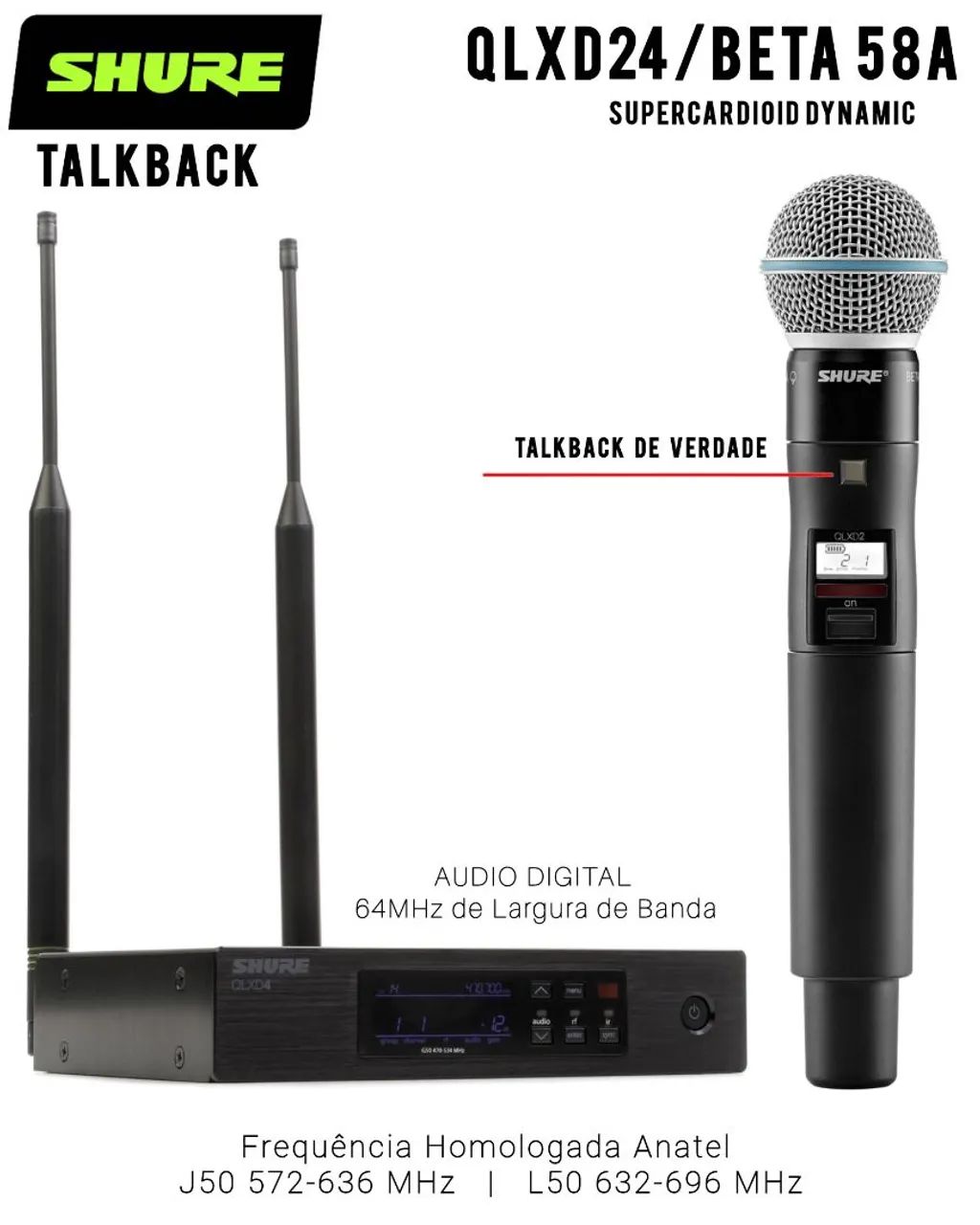 Microfone Profissional QLXD24 BETA 58A com TalkBack - SHURE Sem Fio Áudio Digital  - Foto 2