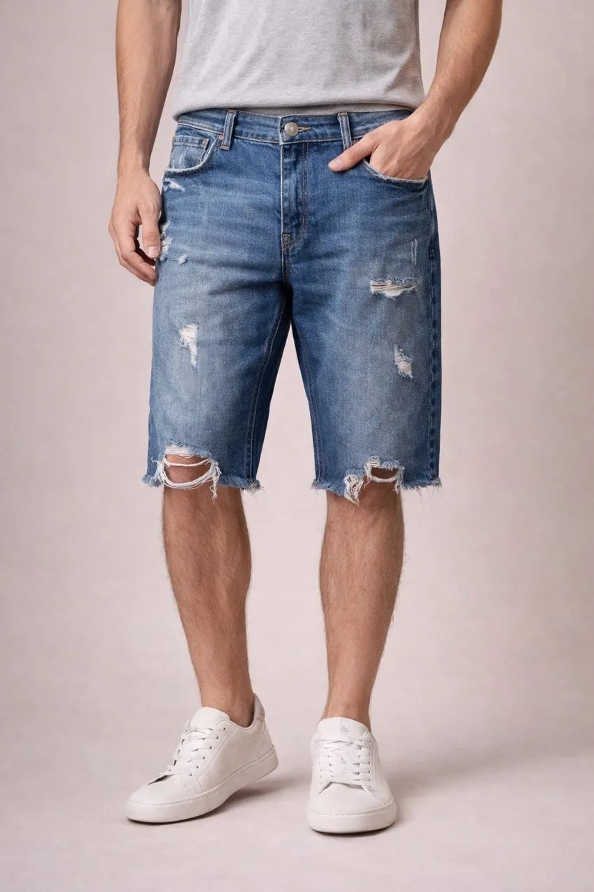 Bermuda Jeans Le Lis Denim Destroyed Azul Tam 46 Barra Desfiada