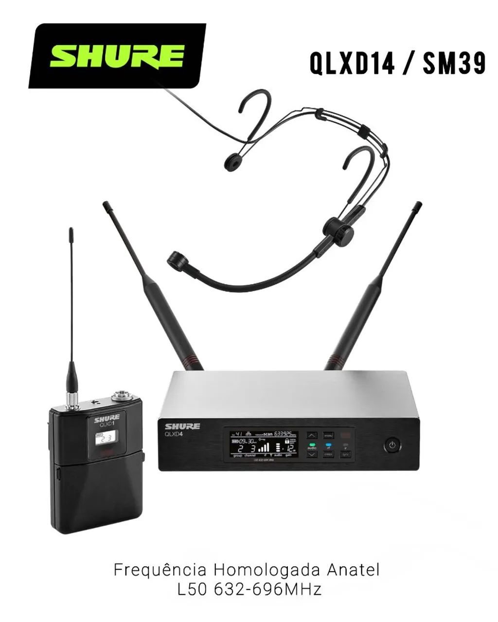 Sistema Profissional Original Shure QLXD14 SM39 Headset de Alta Performance 