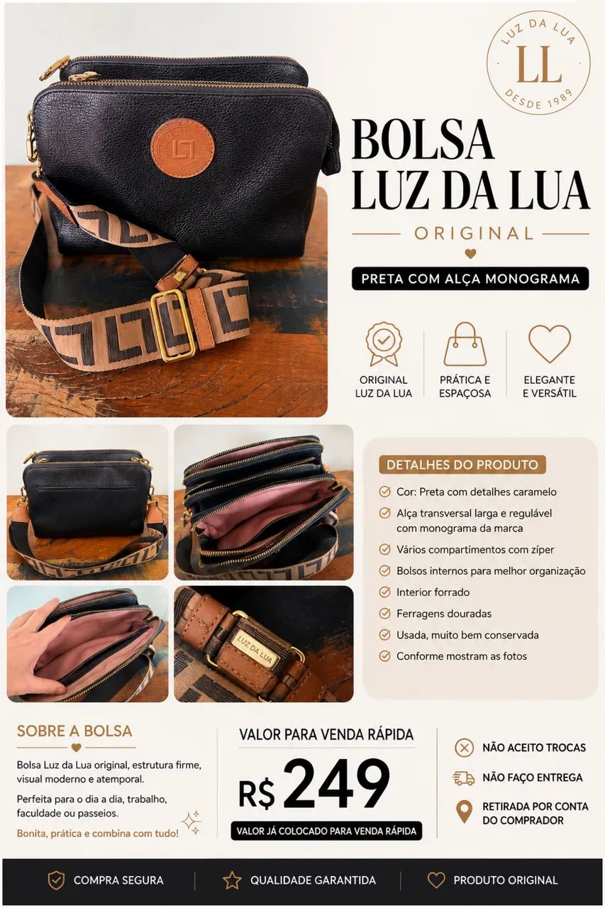 Bolsa Luz da Lua Original Preta | Alça Monograma