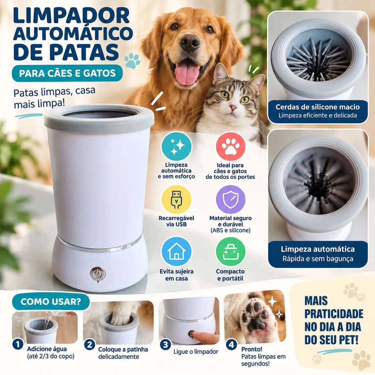 Limpador Automático de Patas para Cães e Gatos