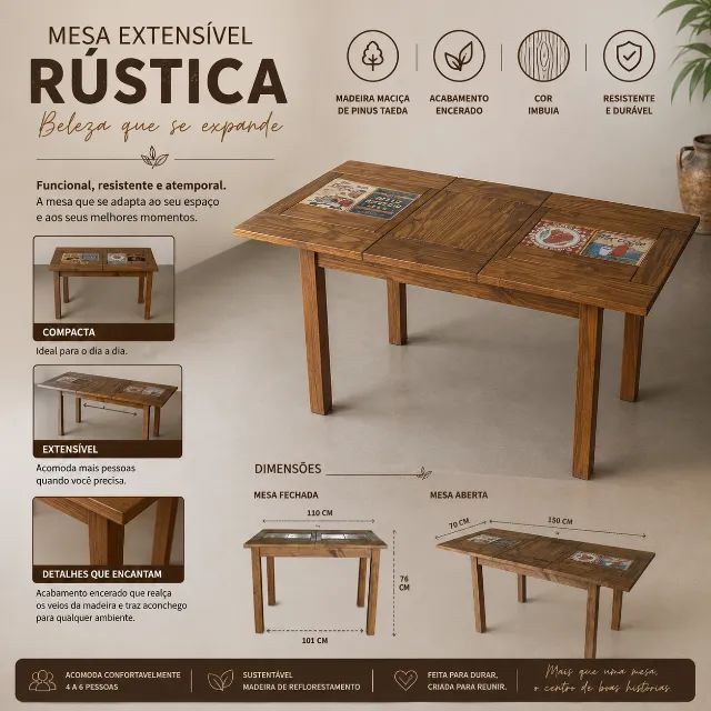 Mesa Extensível Cozinha Funcional Madeira Maciça Pinus Taeda - Foto 6