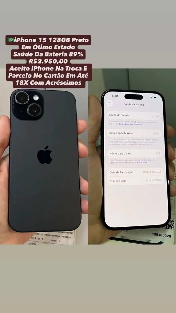 iPhone 15 128GB Preto - Saúde Da Bateria 89% - Usado