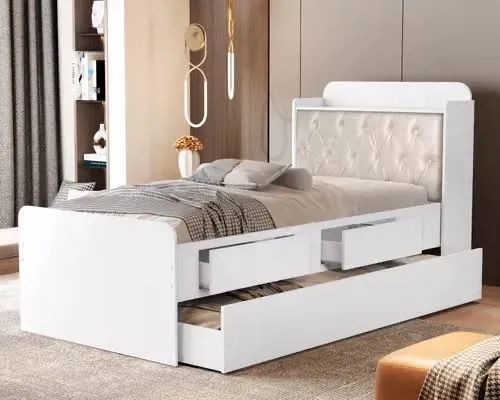 Cama solteiro com auxiliar baú e gavetas Thamiris - FRETE GRÁTIS 