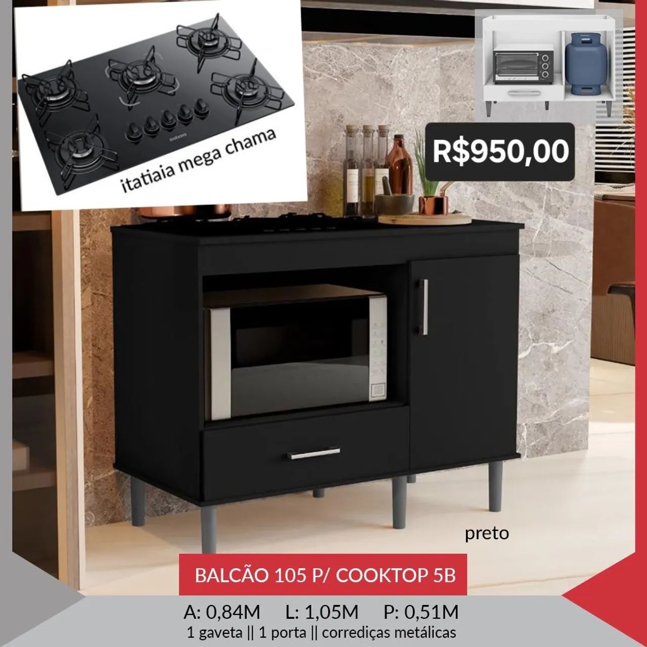 Balcão 105 + Cooktop Itatiaia 5B - Preto