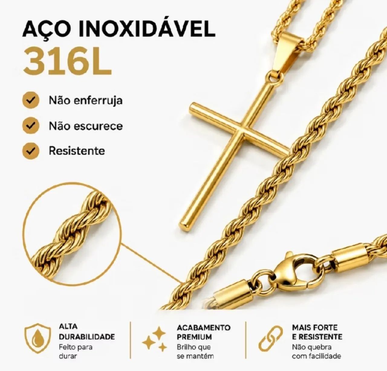Corrente Trançada + Pingente Cruz + Pulseira Banhados a ouro 18k  - Foto 3