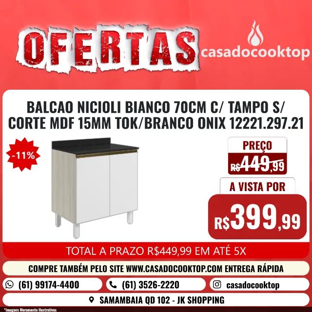 BALCAO NICIOLI BIANCO 70CM C/ TAMPO S/ CORTE MDF 15MM TOK/BRANCO ONIX 12221.297.21