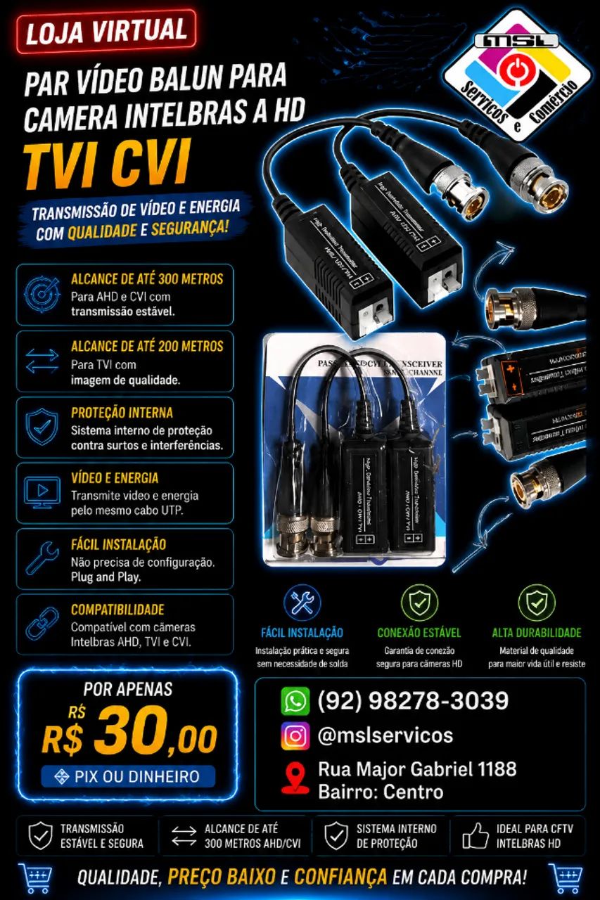 Par Vídeo Balun para Câmera Intelbras AHD / TVI / CVI