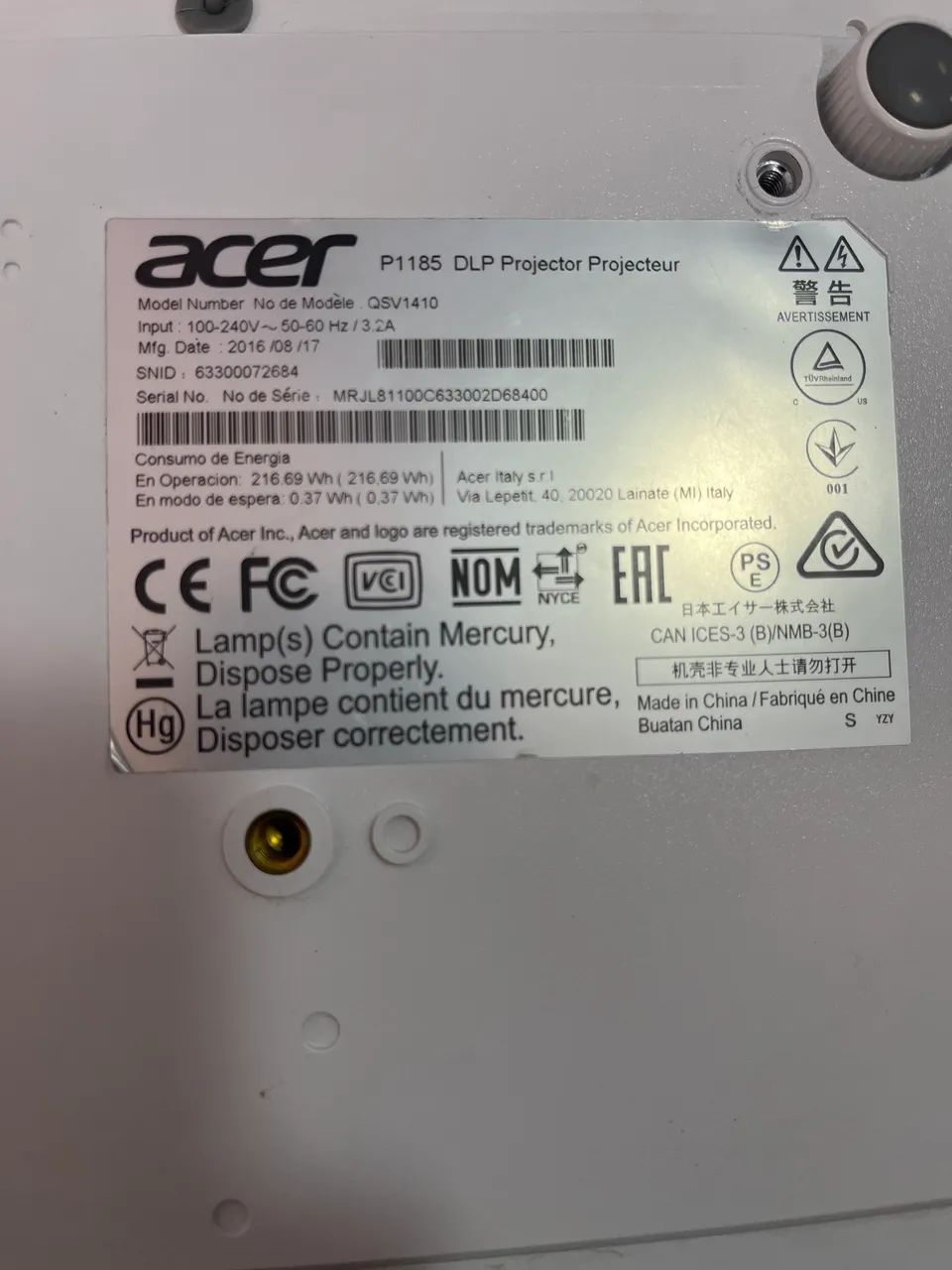 Projetor acer p1185