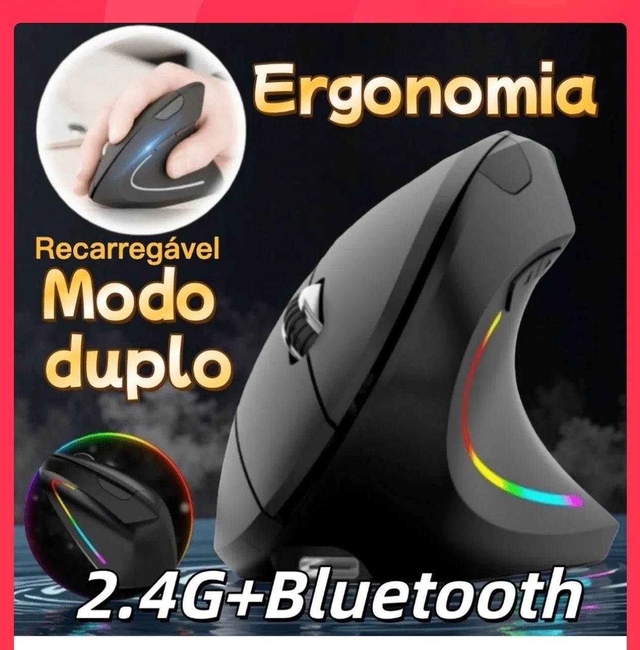 Mouse vertical conexão wireless mais Bluetooth sem fio 