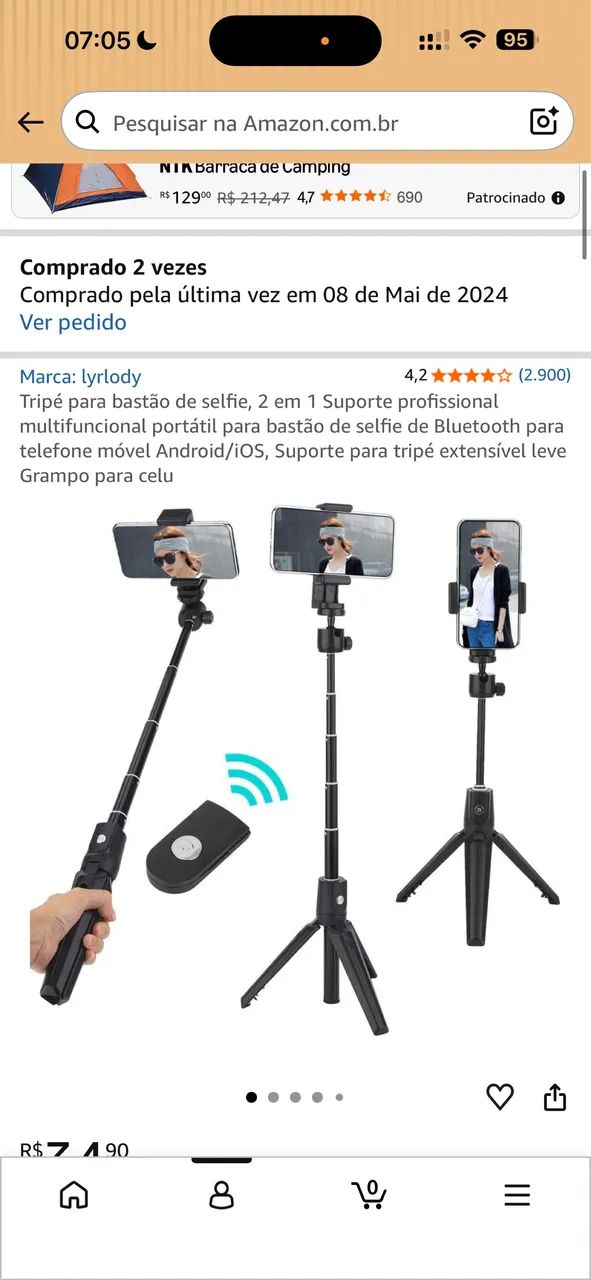 Tripé e Pau de selfie com controle remoto bluetooth 