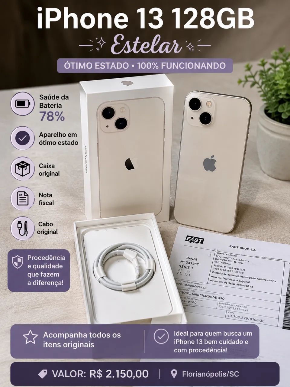 iPhone 13 128GB Estelar - Excelente Estado + Caixa, NF e Cabo Original