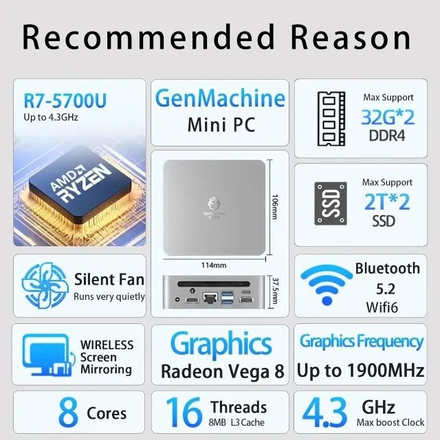MINI PC GENMACHINE RYZEN 7 5700U 16GB 512SSD - Computadores e