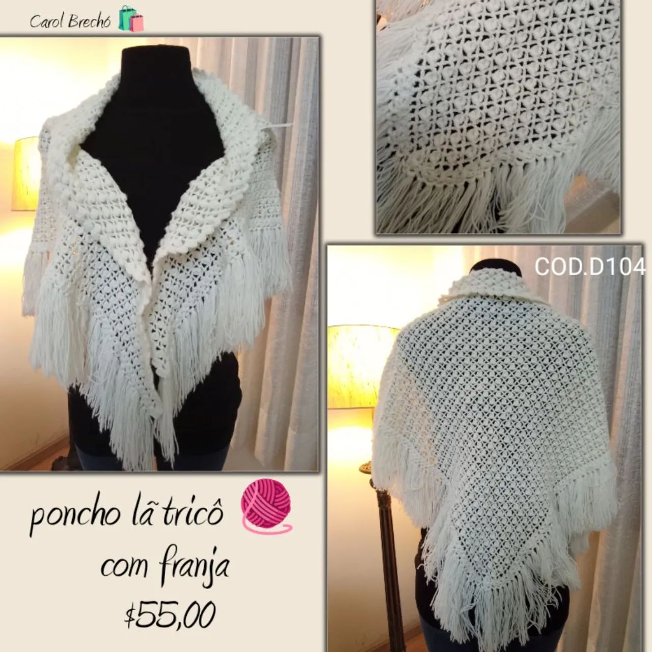 Poncho lã tricô feito a mão 