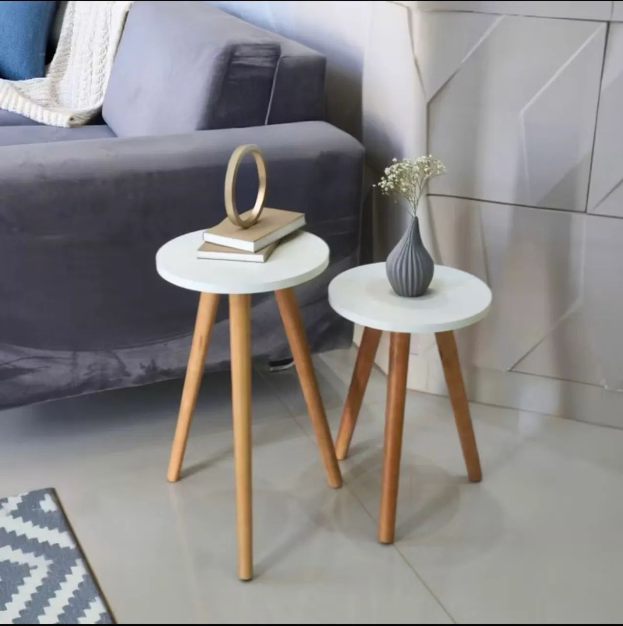 Conjunto de mesinha lateral redonda para sala pé de madeira retrô sala quarto 