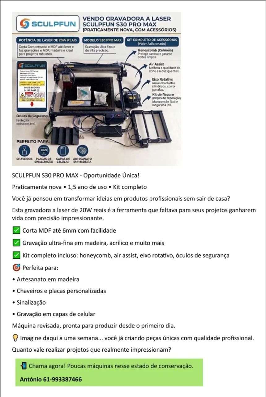 Gravadora e Cortadora a Laser Sculpfun S30 Pro Max 20W - Kit Completo