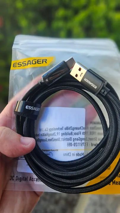 Cabo USB Tipo-c Essager, p/ turbo de Android, 120W Xiaomi e Iphone (Trançado, 2 metros)