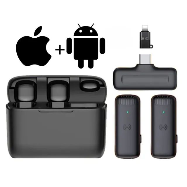 Microfone de Lapela Duplo Sem Fio Caixa de Carregamento USB-C Android + Adaptador Lightnin