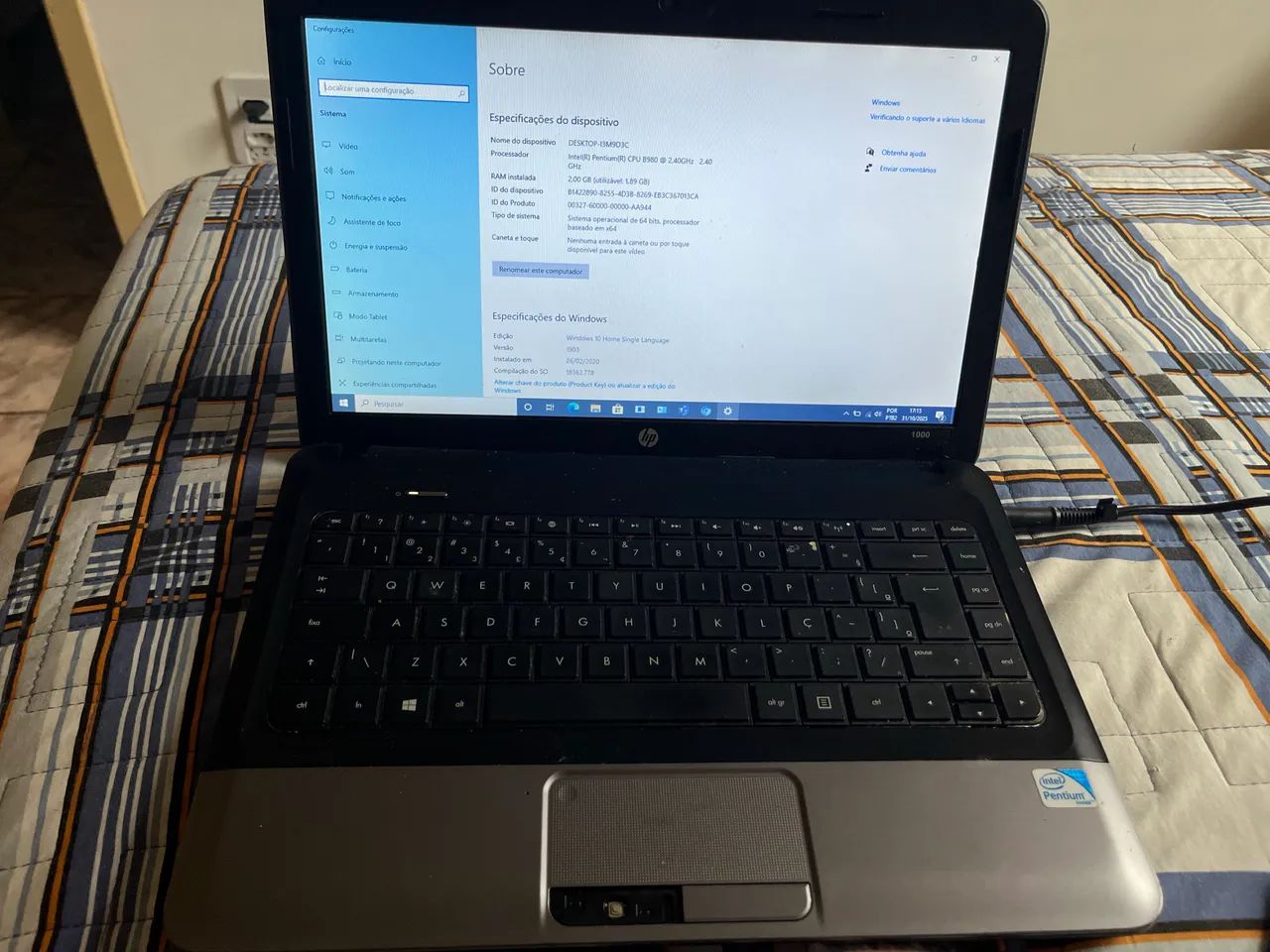 Notebook HP 1000 Intel Pentium 2GB RAM 256GB