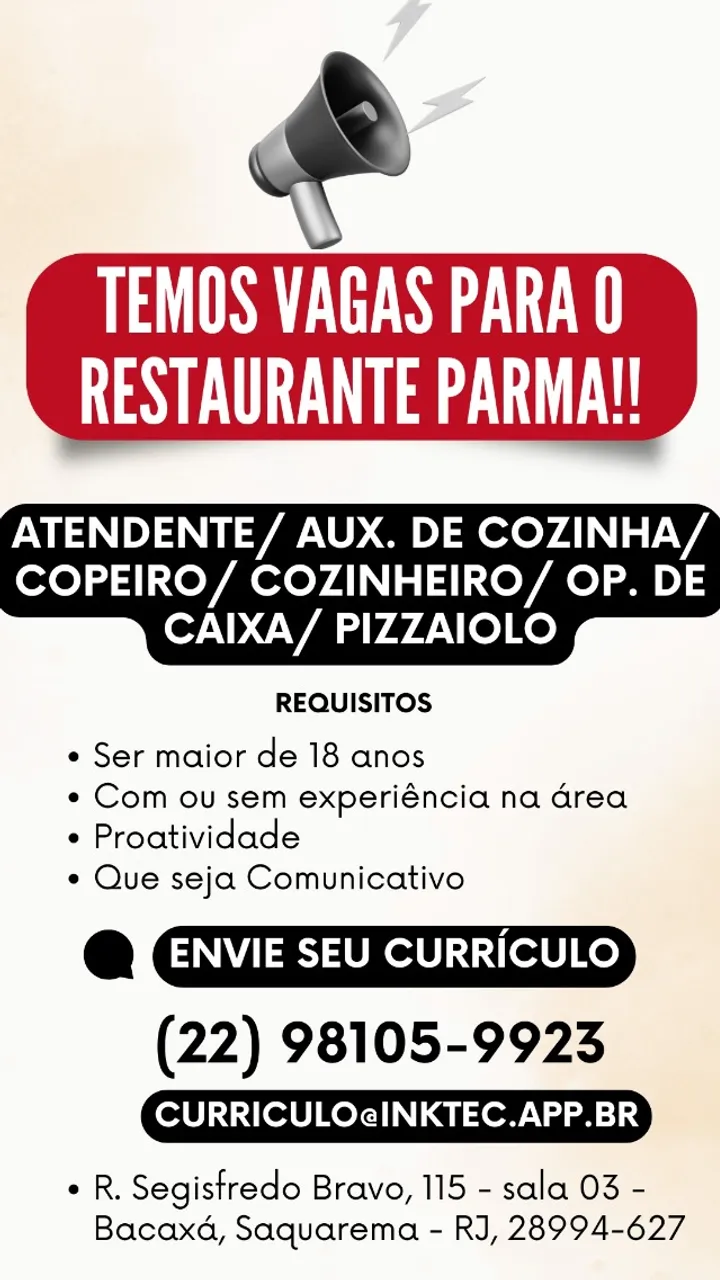 VAGAS DE EMPREGO PARA RESTAURANTE EM SAQUAREMA!!