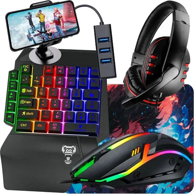 Kit Gamer Mobilador P/ Celular Teclado One Hand E Mouse Led