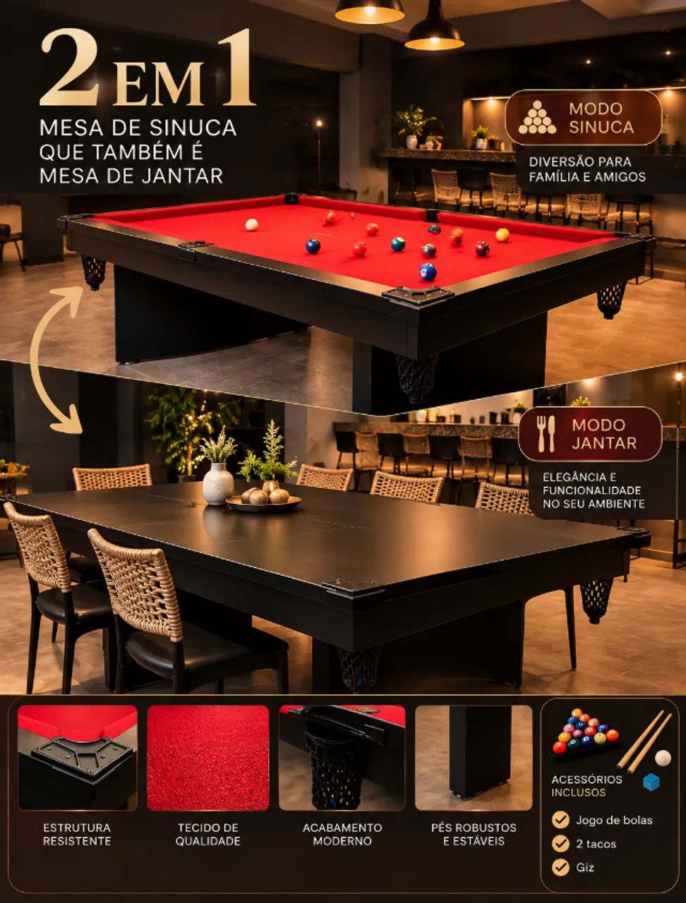 MESA DE SINUCA 2 EM 1 - SINUCA + MESA DE JANTAR