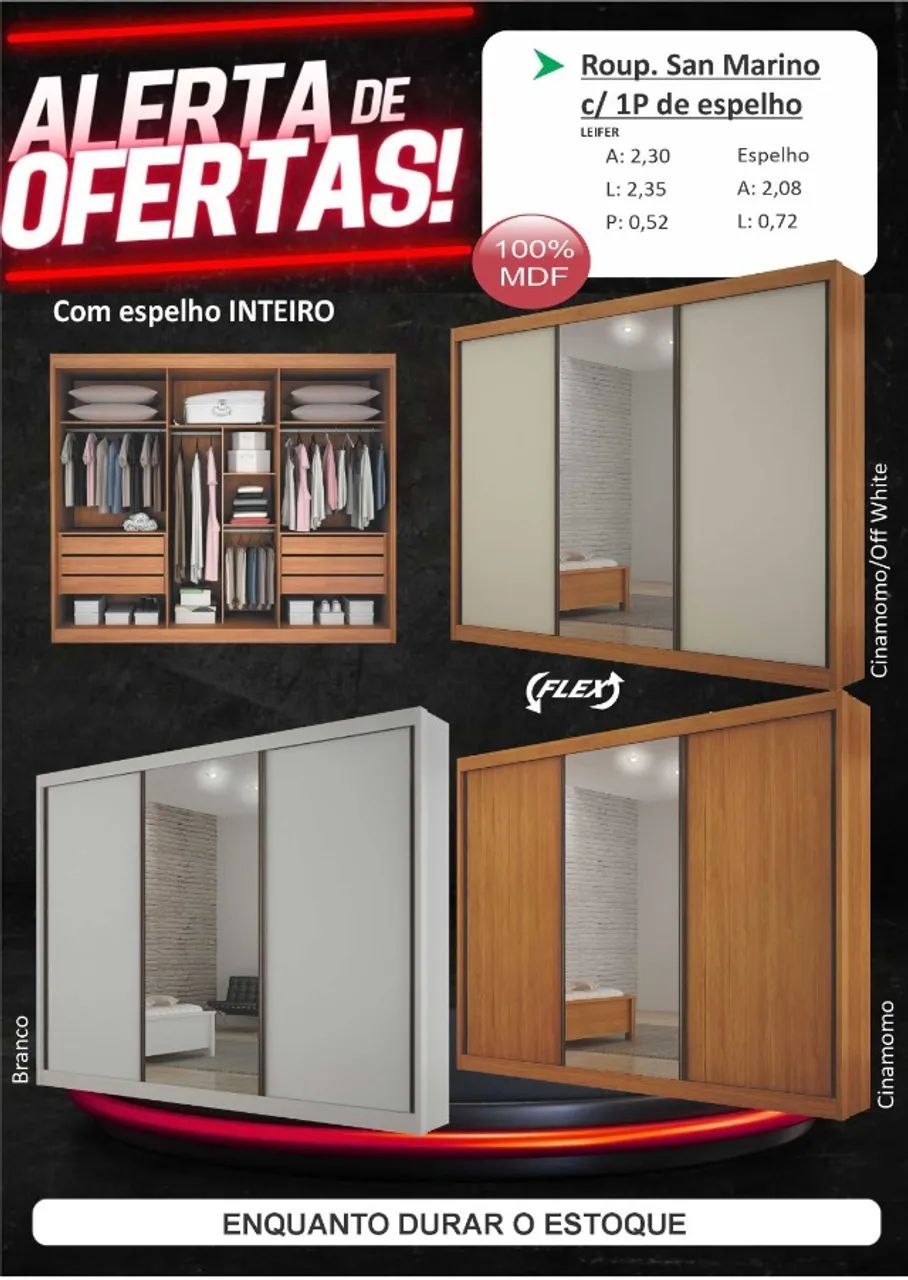 Guarda Roupa Casal porta de correr com espelho, 100% MDF