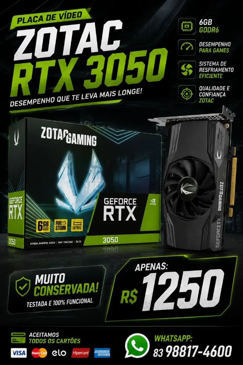 ? RTX 3050 ZOTAC 6GB GDDR6 - Muito Conservada!**