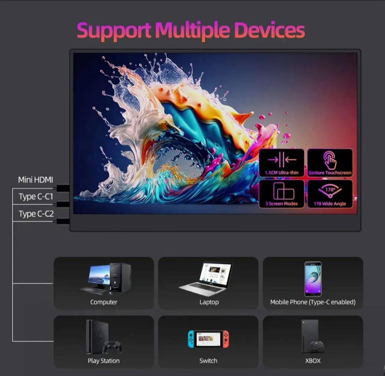 Monitor Portátil 15,6" Touch IPS HDMI para PS4, PC, Notebook, Celular e Switch + Suporte - Foto 3