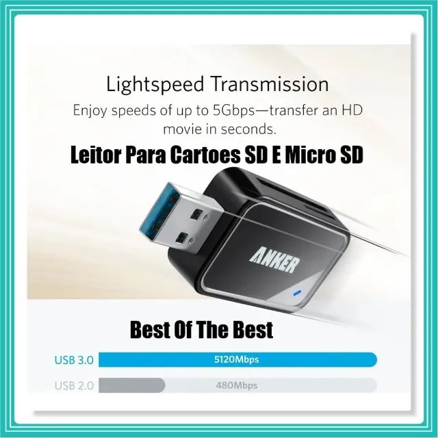 Leitor De Cartão Sd Anker 2 Em 1 Usb 3.0 Sdxc Sdhc Sd Mmc