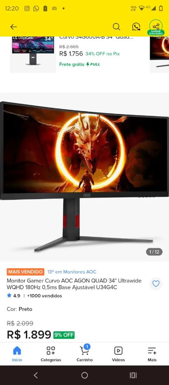 Monitor  curvo AOC gamer 34 polegadas novo na caixa com nota fiscal - Foto 4