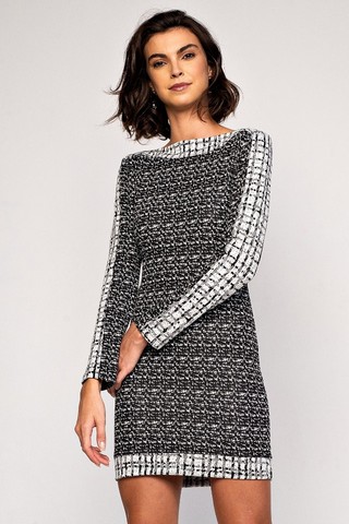 Vestido Curto Manga Longa Jacquard Tam.M Preto e Branco
