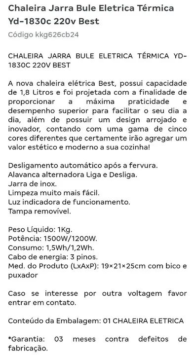 Chaleira  Eletrica Térmica Yd-1830c 220v Best - Foto 2