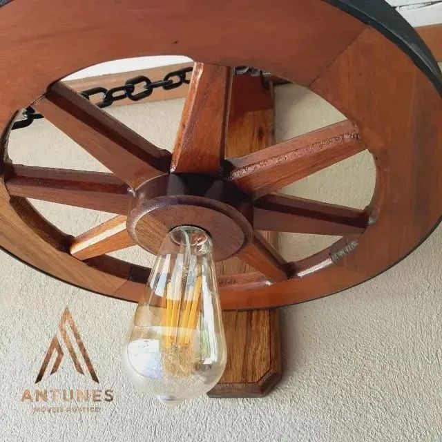 Arandela Luminária Roda De Carroça Rústico Madeira Maciça - Foto 4