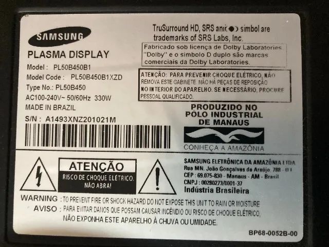 Tv Samsung 50" Plasma / Para Conserto ou Retirada De Peças