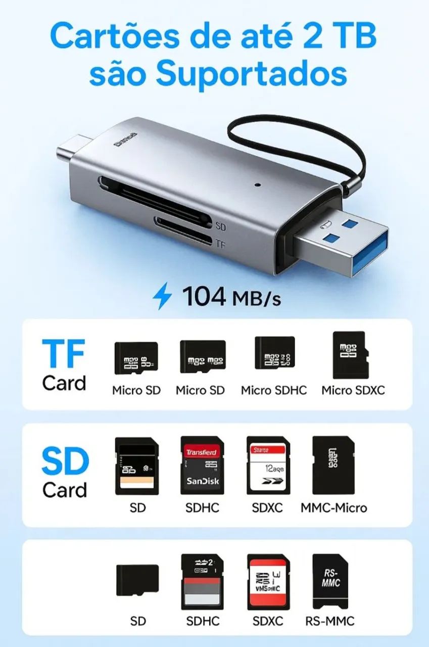Leitor de cartão sd e micro sd com conecção usb/C