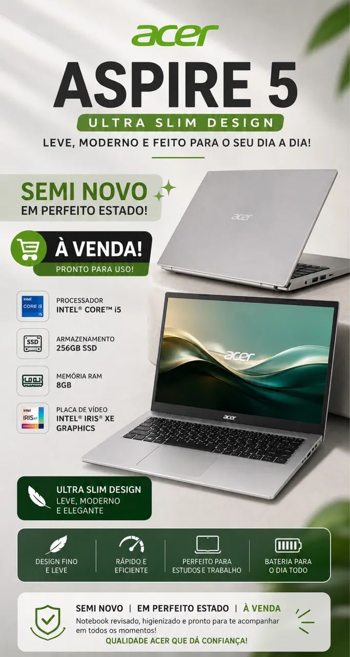 Notebook acer Aspire 5 256GB Core i5 