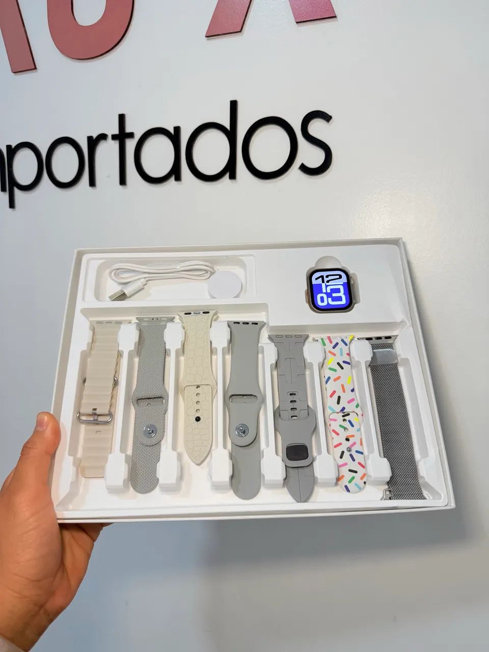 RELÓGIO SMARTWATCH MINI 41MM C/7 PULSEIRAS ROSA PRETO E PRATA