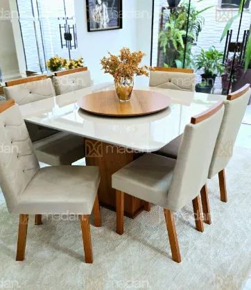 mesa de jantar quadrada com prato giratório 6 cadeiras - Madan Móveis