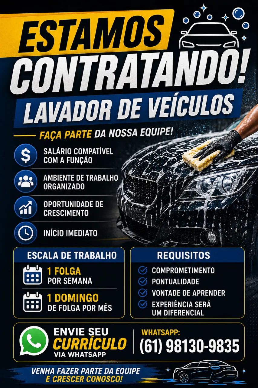 Vaga de emprego - lava jato, lavador, interneiro
