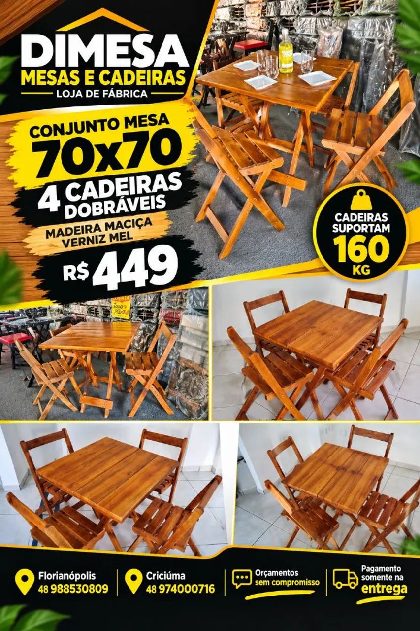 Conjunto envernizado mesa 70x70 com 4 cadeiras dobráveis madeira maciça 