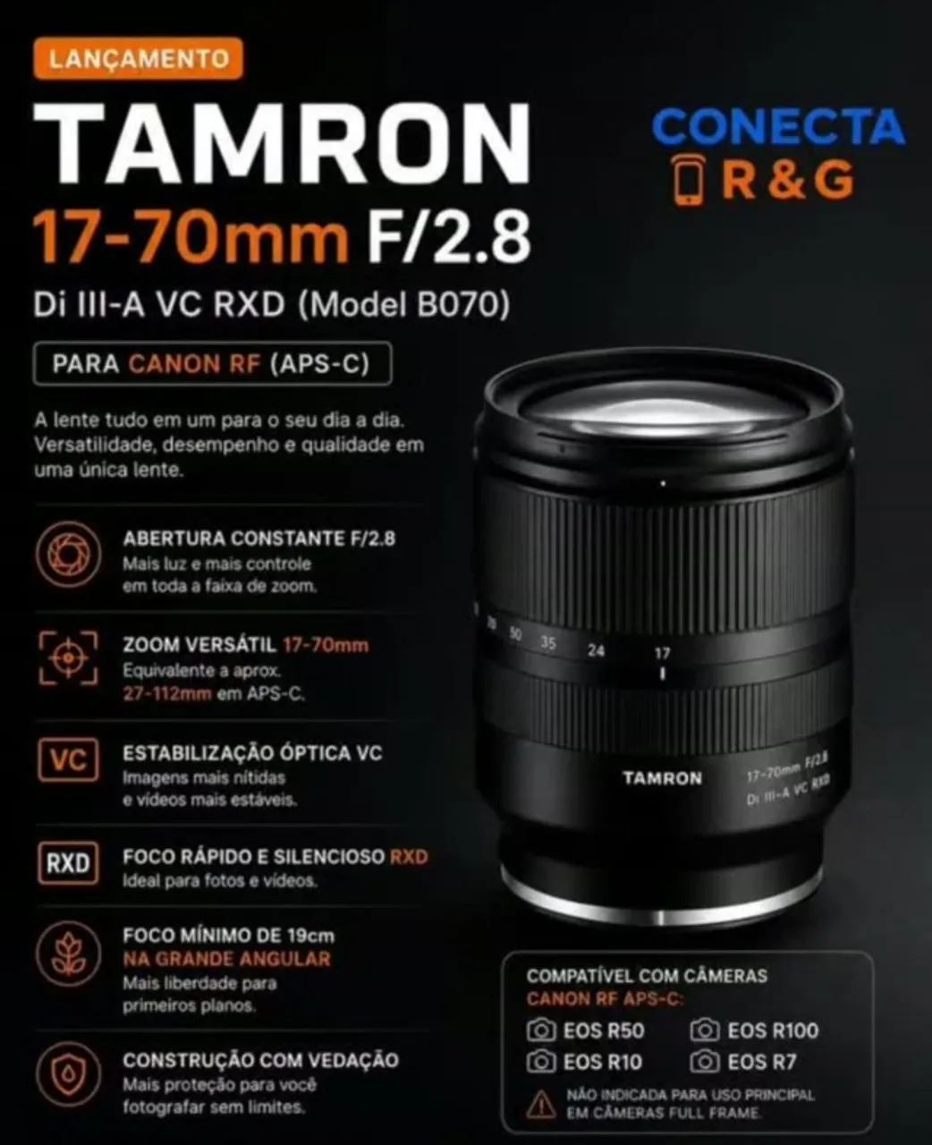 Tamron Lente zoom padrão 17-70 mm F/2.8 Di III-A VC RXD PARA CANON
