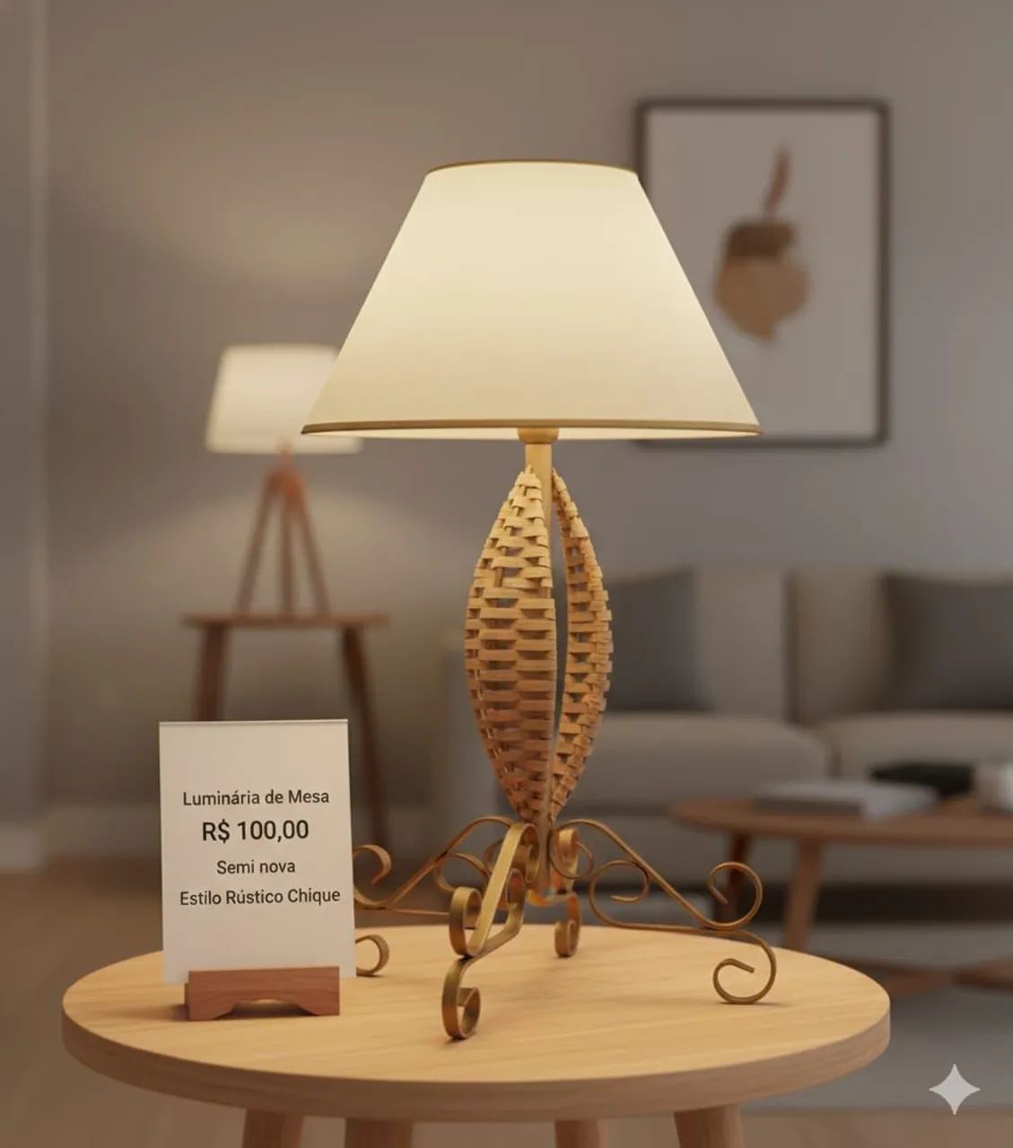 Abajur de Mesa em Ferro com Detalhes em Bambu