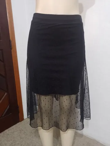 Saia feminina midi tule poá preta - tamanho P
