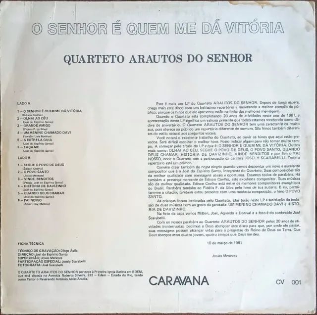 Lp Disco Vinil Gospel Evangélico Quarteto Arautos do Senhor O senhor é quem me dá vitória - Foto 2