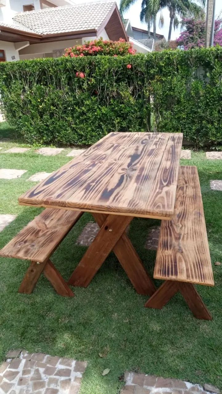 Mesa de madeira para área externa com bancos - Foto 2