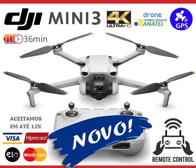 Drone DJI Mini3 4K até 10Km 36min + Controle Rádio + Bateria, Novo, Caixa, NF, Gar, Troco!